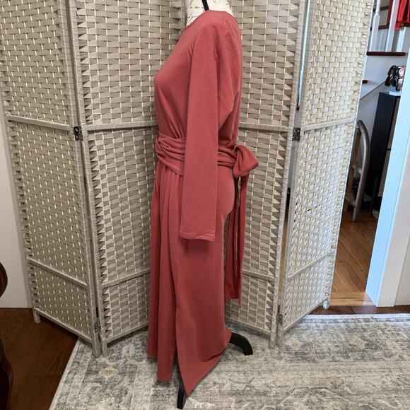 Pure Jill Tie Waist Maxi Dress L Petite Rust Affinity French Terry Side Slit NEW - Picture 2 of 12